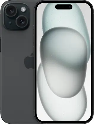 Apple iPhone 15 front and back view showing Dynamic Island and dual-camera setup