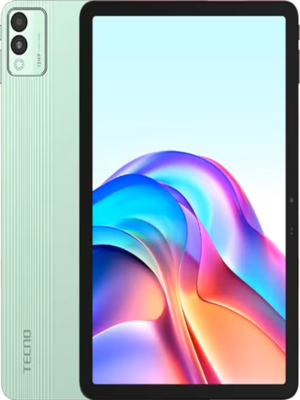 Tecno Megapad 11 tablet in Vitality Green showing slim bezels and rear 13MP camera module